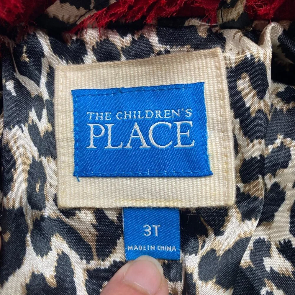 Childrens Place Coat Girls 3T Red Ruffle Collar Button Up Wool Blend Leopard‎
